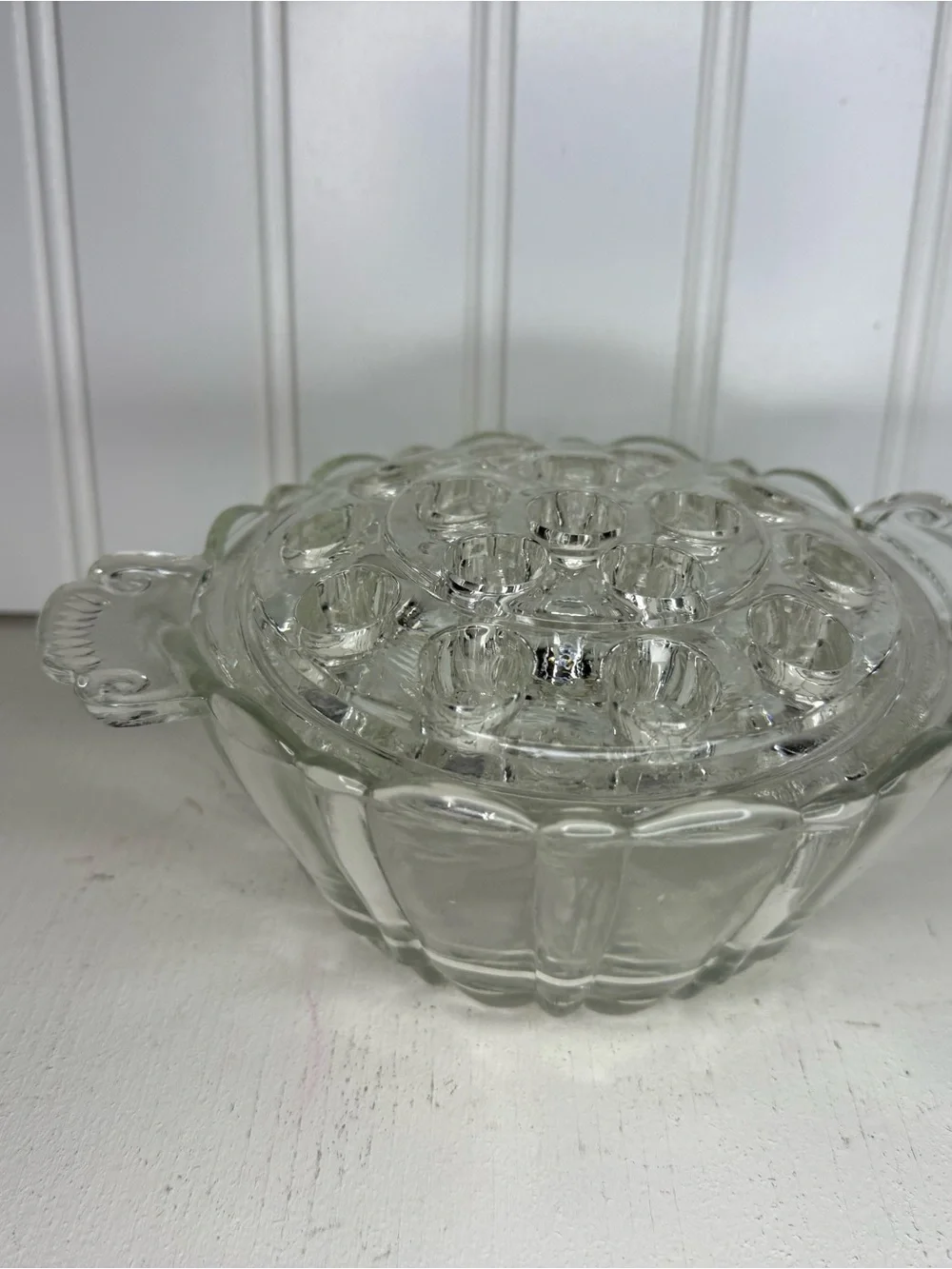 Vintage Anchor Hocking Old Cafe 16 hole clear glass Flower Frog bowl, circa 1930